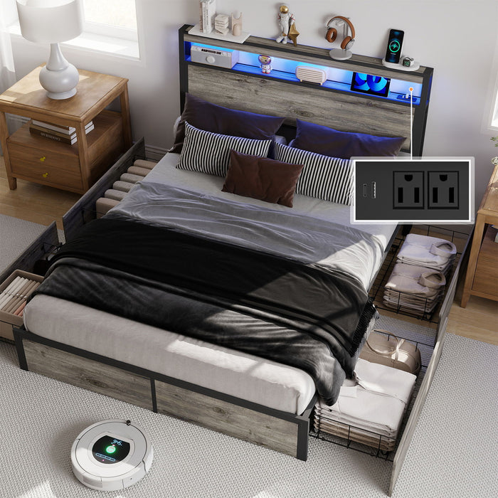 Bed Frame With Headboard, LED Lights & Charging Station