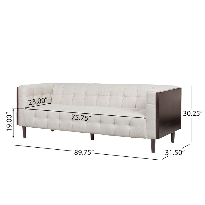 Contemporary 3 Seater Sofa With Button Tufted Waffle Stitching - Beige