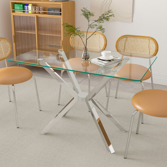 Rectangular Clear Tempered Glass Dining Table, Stylish Design With Plated Metal Legs