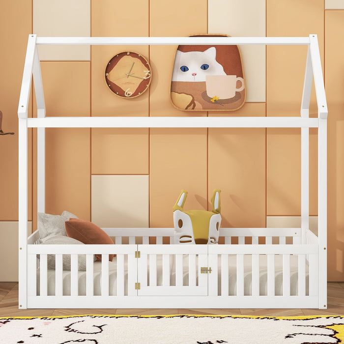 Wood House Bed With Fence And Door