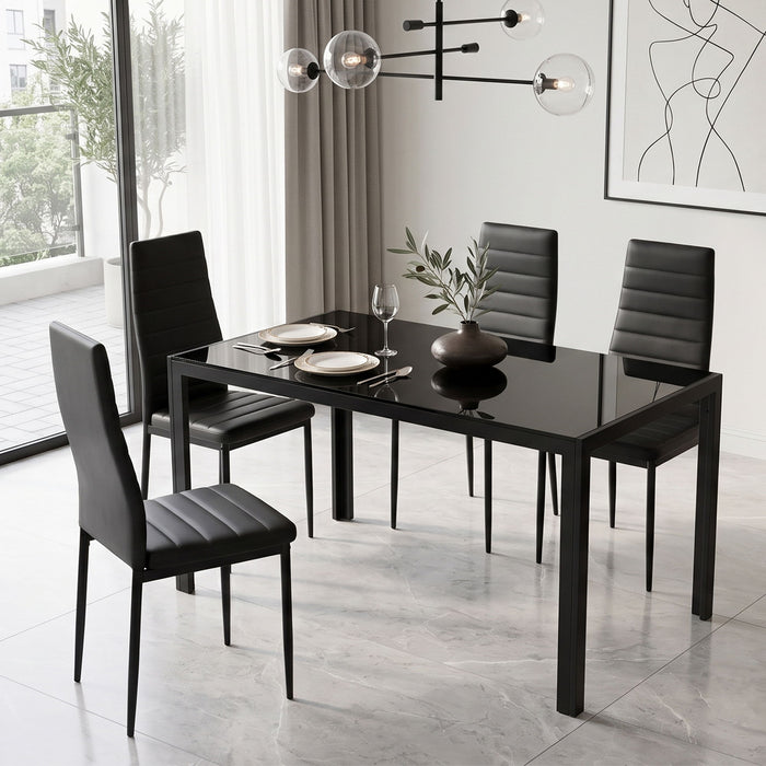 5 Pieces Dining Table Set For 4, Kitchen Room Tempered Glass Dining Table, 4 Faux Leather Chairs - Black