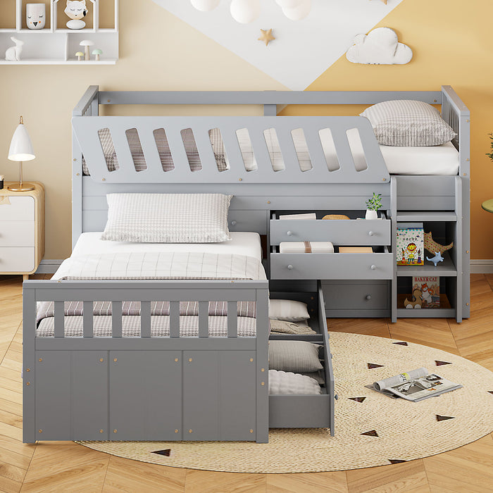 Loft Platform Bed With 7 Drawers And Full Guardrails, Modern L Shaped Space Savin