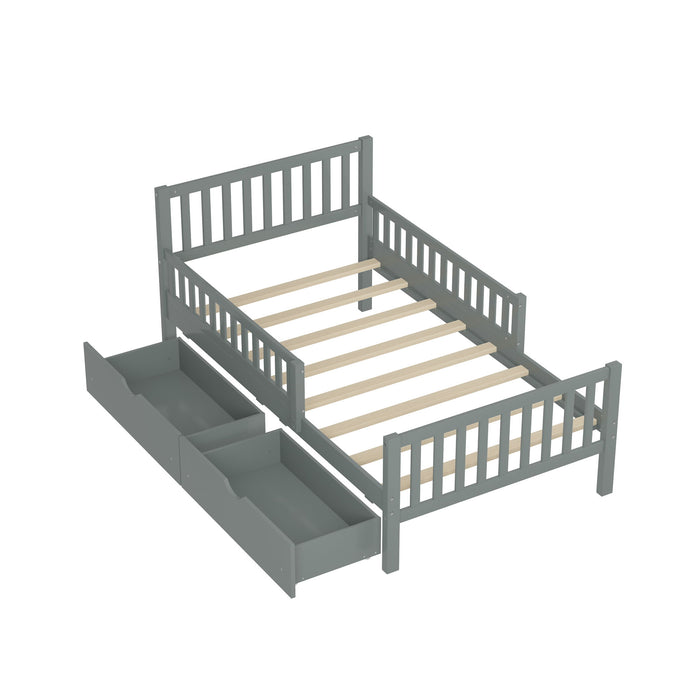 Platform Bed With Guardrails On Both Sides And 2 Storage Drawers
