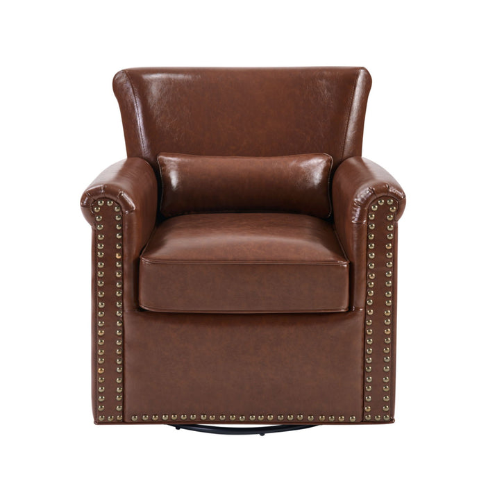 Swivel Accent Chair With Rolled Arm, Sewn Pillow Back, Nailhead Trim For Living Room