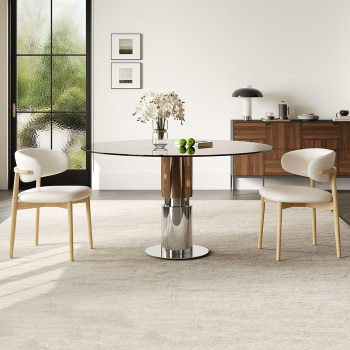 Round Dining Table & Tempered Glass Top - Brown