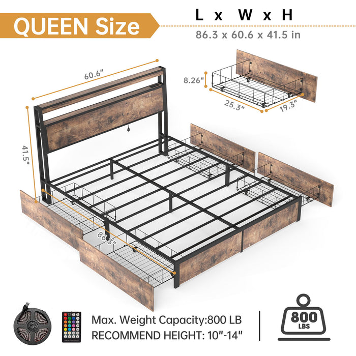 Bed Frame With Headboard, LED Lights & Charging Station