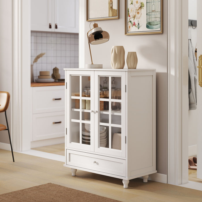 Minimalist Buffet Cabinet With Double Glass Doors And Drawer