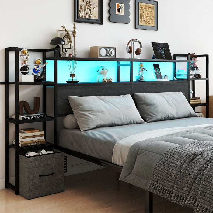 Headboard With 3 Shelves, 2 Drawers, Charging Station, RGB LED Lights