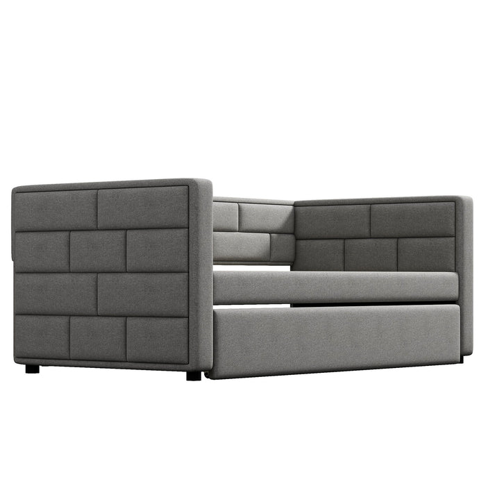 Upholstered Twin Size Daybed With Trundle, Padded Back And Sides - Gray