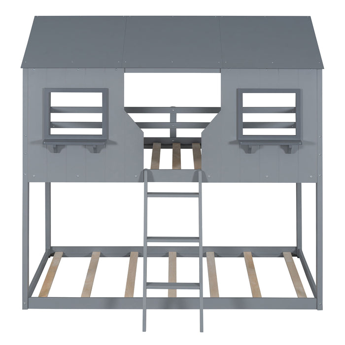 Twin Over Twin Bunk Bed With Roof, Window, Guardrail, Ladder