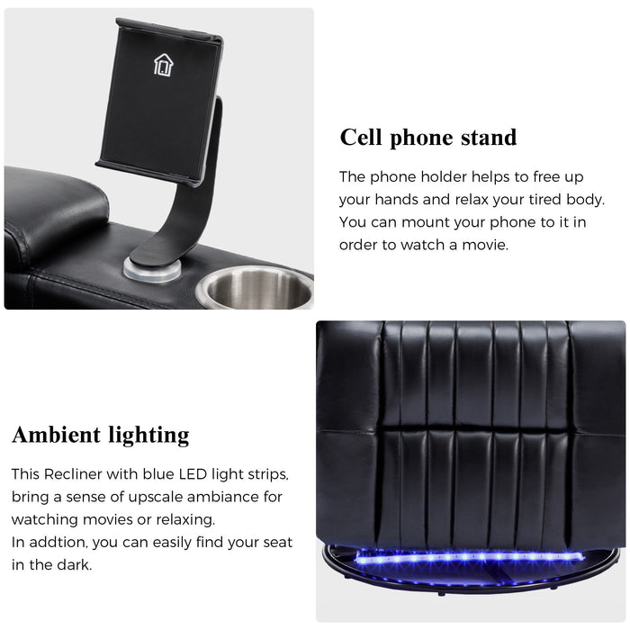 270° Power Swivel Recliner Home Theater Chair With Hidden Arm Storage, LED Light, Cup Holder, And Tray Table