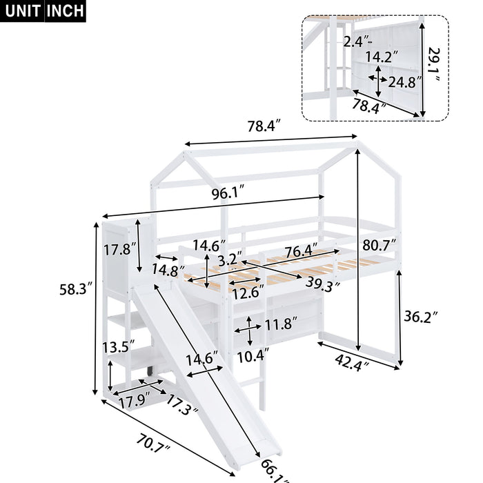 House Loft Bed With Slide, Storage Shelves And Light, Climbing Ramp