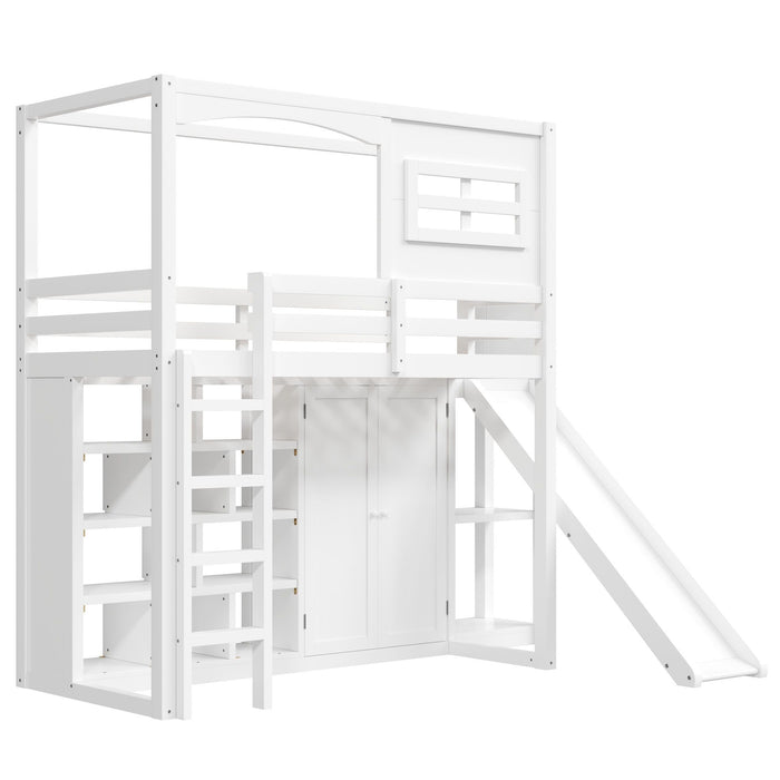 Twin Size Loft Bed With Wardrobe, Storage Shelves, Slide And LED - White