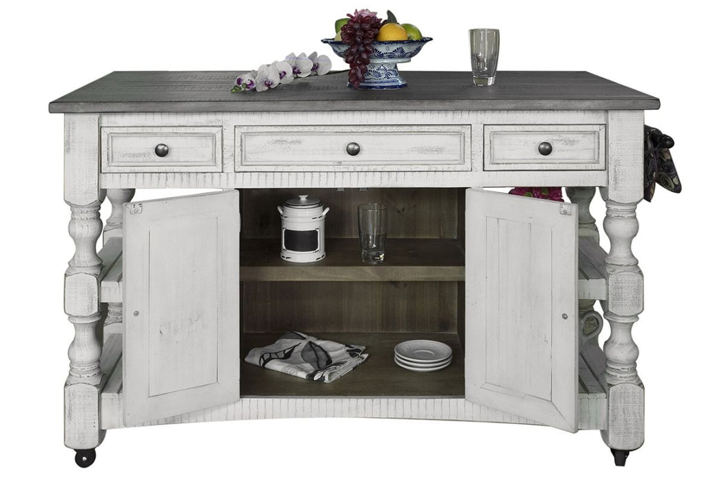 Stone - Kitchen Island With 3 Drawer / 2 Doors / 4 Shelves And Casters - Antiqued Ivory / Weathered Gray