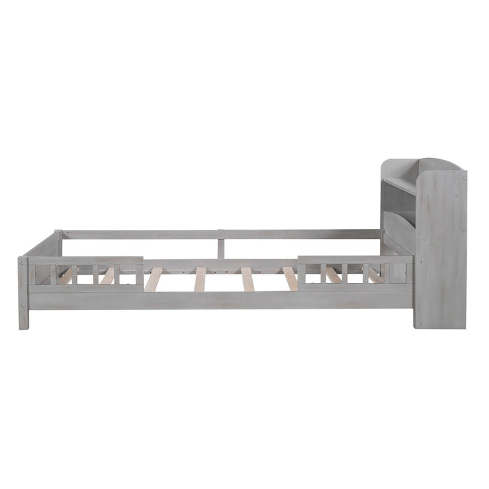 Wood Platform Bed With Built In LED Light, Storage Headboard And Guardrail