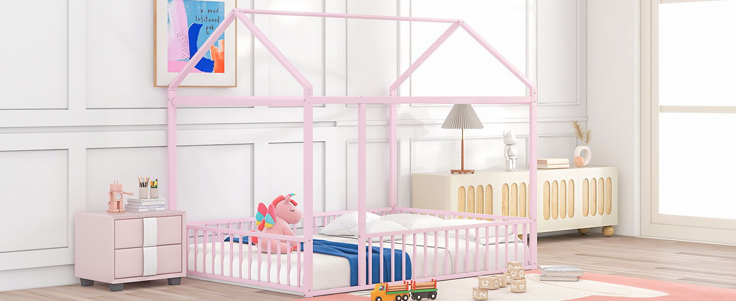 Metal Bed House Bed Frame With Fence