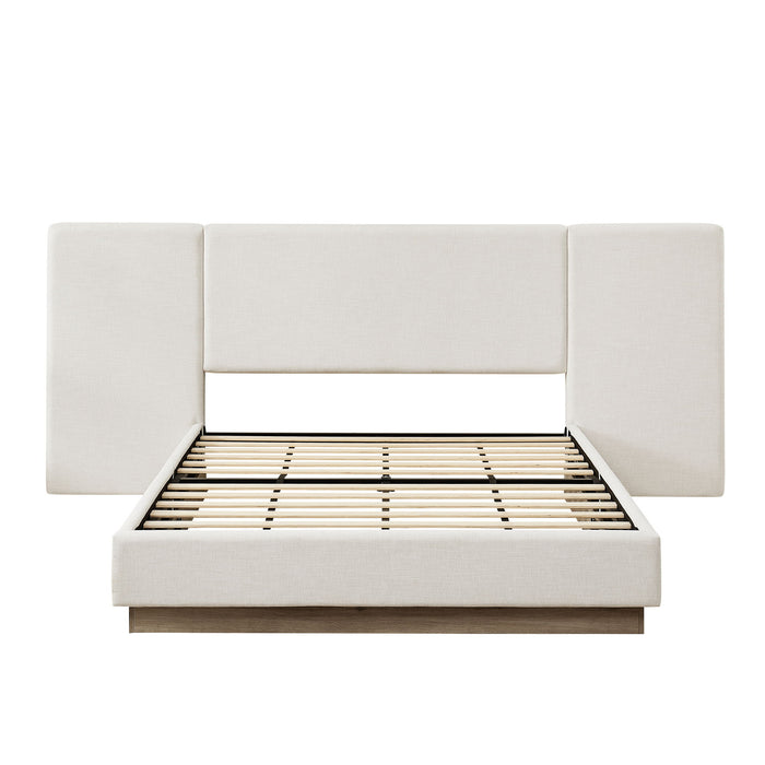 Muse - Queen Upholstered Platform Bed Frame - Ivory / Light Gray / Camel Oak