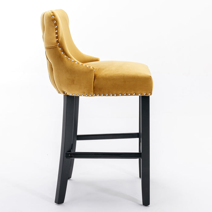 Contemporary Upholstered Wing-Back Barstools With Button Tufted Decoration And Wooden Legs, And Nailhead Trim, Leisure Style Bar Chairs, Bar Stools (Set of 2)