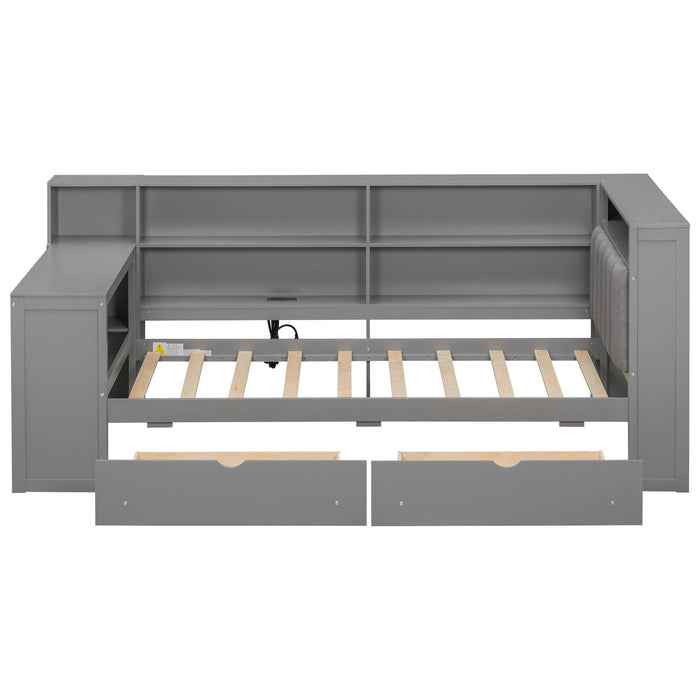 Platform Bed With Upholstered Headboard, Storage Shelves, Drawers, Charging Station, LED Lighting, Built In Desk
