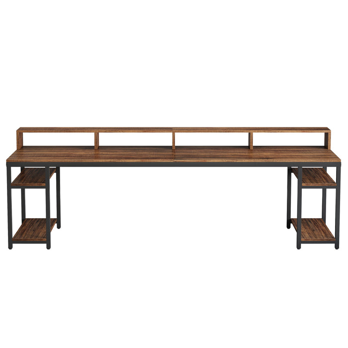 2 Person Desk With Monitor Stand, Long Office Workstation With Dual Storage Shelves And Frame - Brown / Black