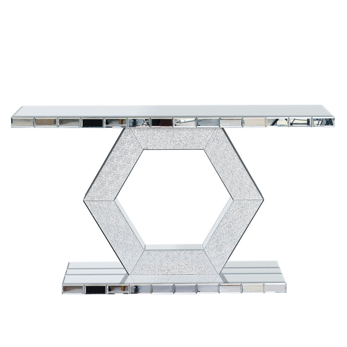 Sparkling Crystal Hexagon Mirror Entryway Premium Modern Foyer Console Table With Diamond Glass Effects, Dual Tier Luxury Sofa Table - Silver