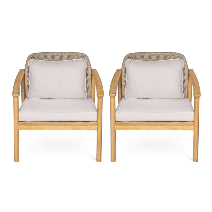 2 Piece Outdoor Acacia Wood Patio Club Chair, Patio Furniture Arm Chair With Woven Rope Backrest, Deep Seating For Porch - Light Teak / Beige