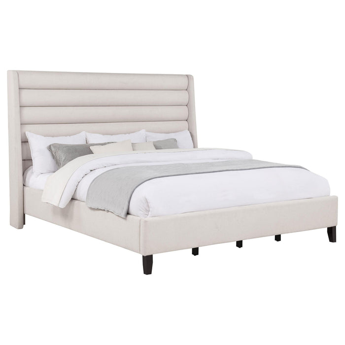 Leslie Upholstered Tufted Eastern King Wingback Platform Bed Beige