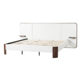 King Upholstered Platform Bed Frame With Curved Headboard, Built-In Floating Shelves, Wood Slats And Metal Support - White & Brown