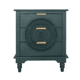 Hollow Carved 3 Drawer Dresser With Metal Handles, Storage Chest For Living Room Or Bedroom - Blackish Green