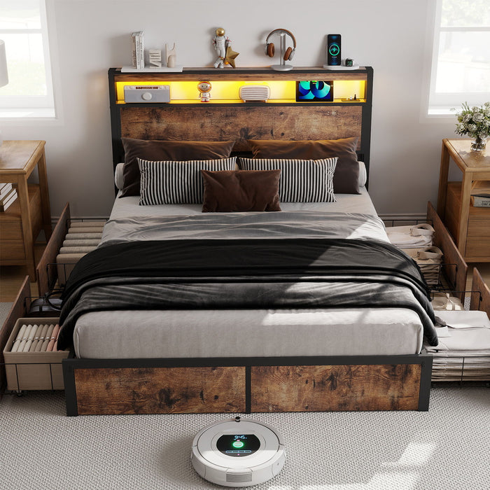 Bed Frame With Headboard, LED Lights & Charging Station