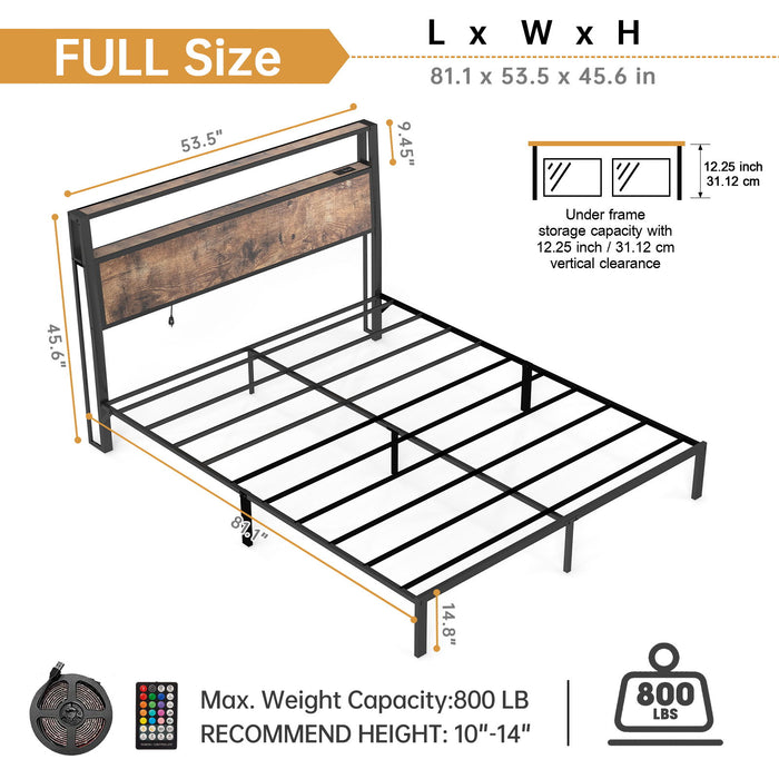 Bed Frame With Headboard, LED Lights & Charging Station