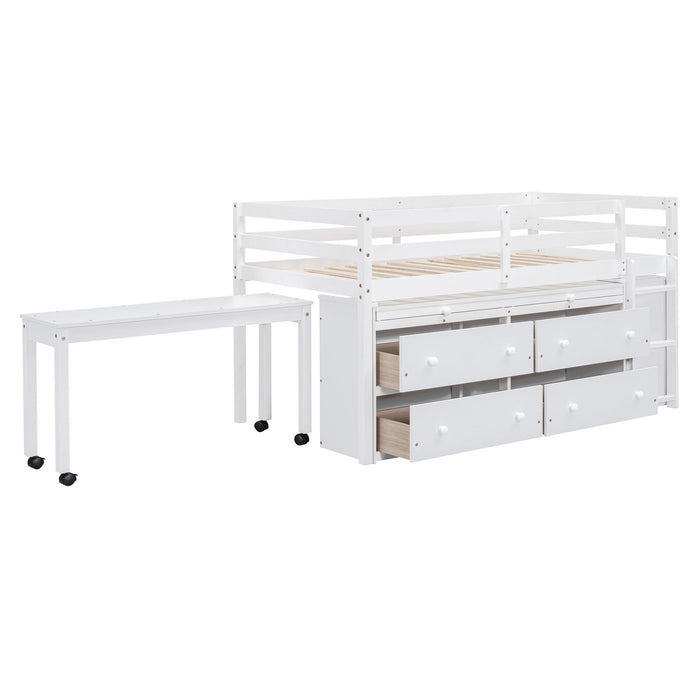 Loft Bed With Retractable Writing Desk And 4 Drawers, With Lateral Portable Desk And Shelves