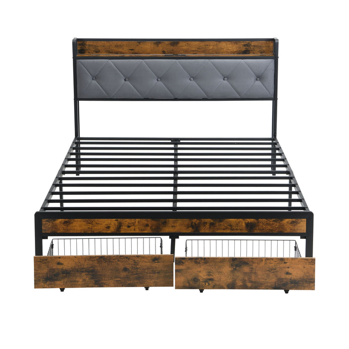 Modern Bed Frame With LED Lights, Upholstered Headboard, USB Charging