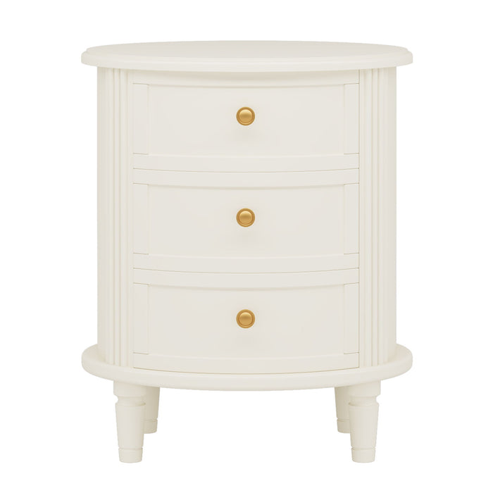 Oval Nightstand With 3 Drawers, Bedside Table - White