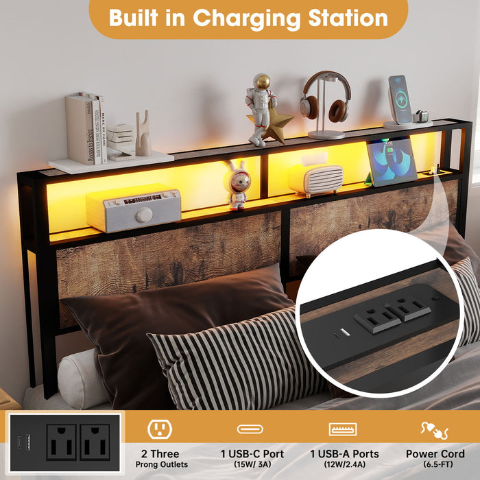Bed Frame With Headboard, LED Lights & Charging Station