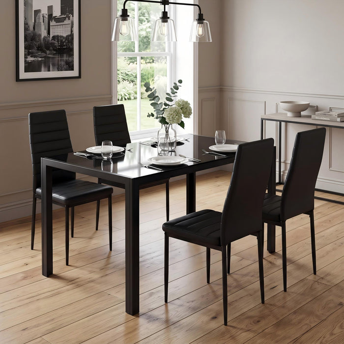 5 Pieces Dining Table Set For 4, Kitchen Room Tempered Glass Dining Table, 4 Faux Leather Chairs - Black