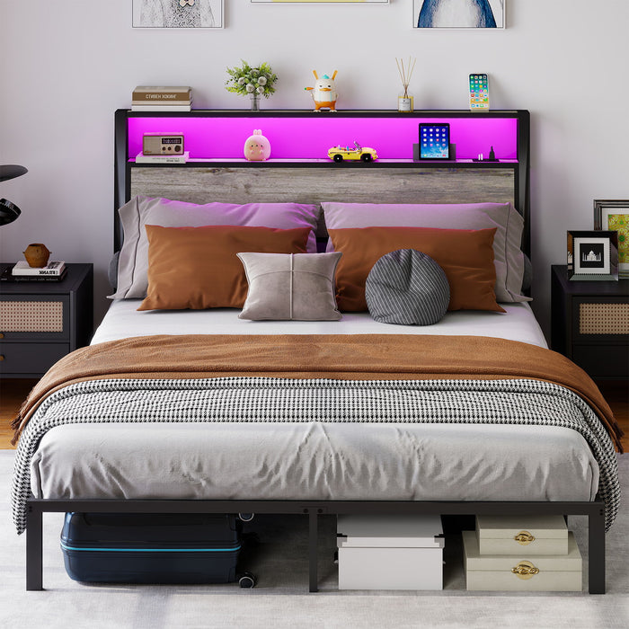 Bed Frame With Headboard, LED Lights & Charging Station