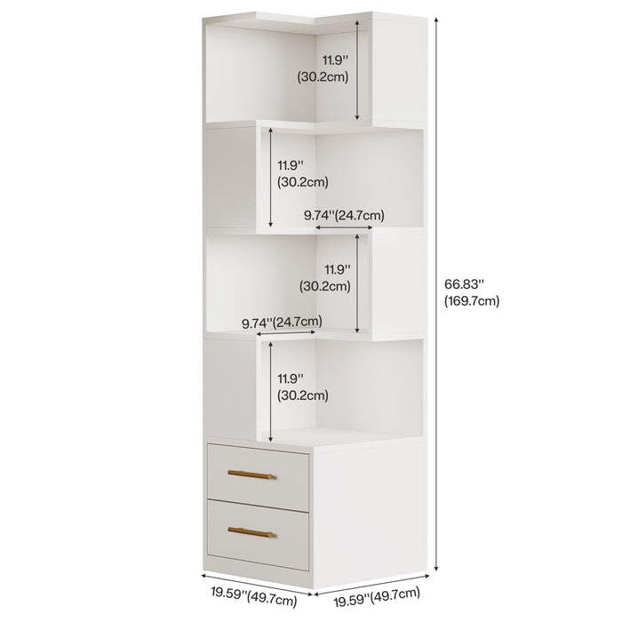 Corner Bookshelf With 2 Drawers, 5 Tier Bookcase For Apartment - White