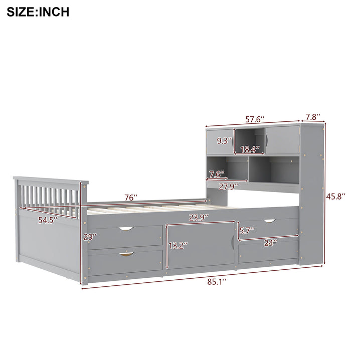 Captain Platform Bed Frame With Bookcase Headboard, 4 Drawers, Storage Shelves