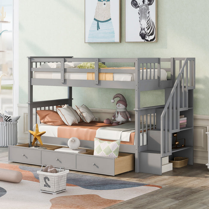 Stairway Bunk Bed With Storage And Guard Rail For Bedroom
