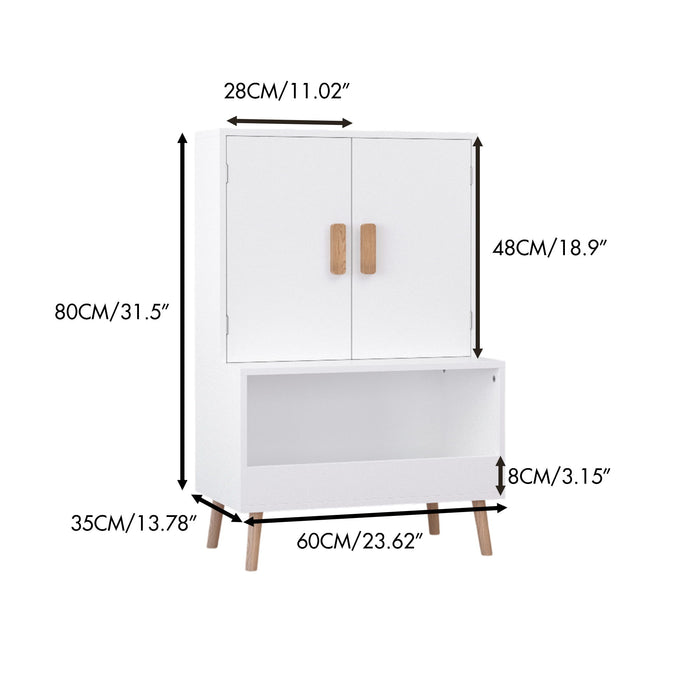 Toy Storage Cabinet With Doors And Open Shelf, Toddler Bookshelf For Playroom - White