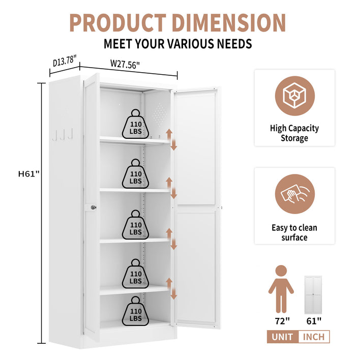 Metal Kitchen Pantry Cabinet With Adjustable Storage And 4 Heavy Duty Shelves - White