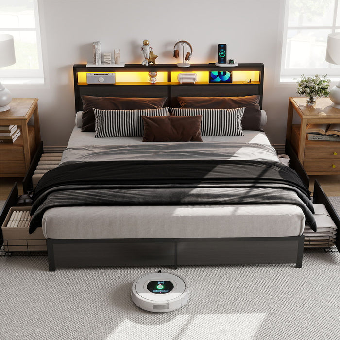 Bed Frame With Headboard, LED Lights & Charging Station
