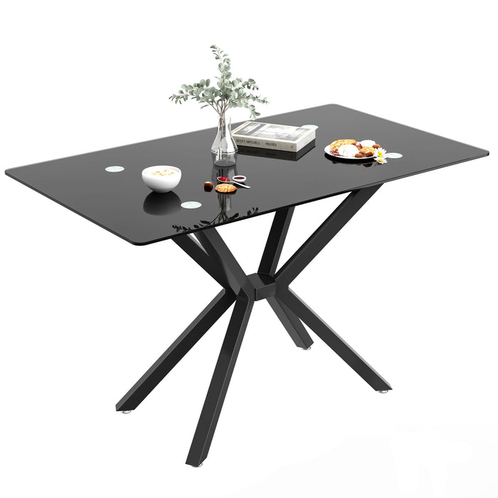 Rectangular Black Tempered Glass Dining Table, Stylish Design & Chrome Plated Metal Legs, Dining Table For Dining Room - Black