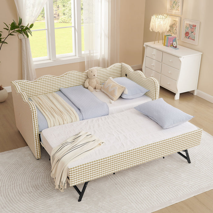Gingham Daybed With USB Charging Port, Wave-Shaped Design