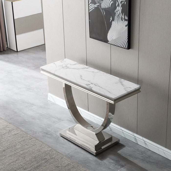 Modern Rectangular Marble Printing Console Table, U Shape Stainless Steel Base With Mirrored Finish