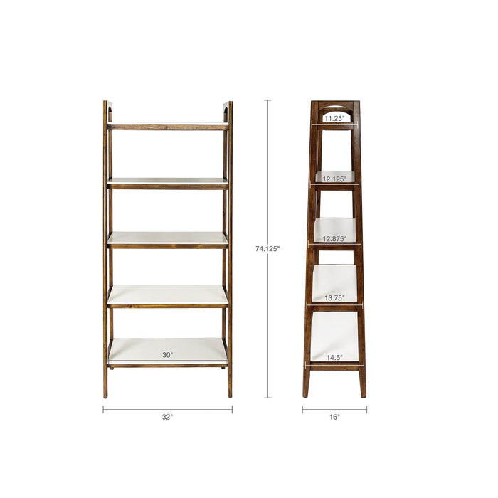 Mid - Century Design 5 Shelf Bookcase - Off White / Pecan