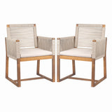 Acacia Wood Outdoor Dining Chairs (Set of 2) With Rope Design Back And Arms, Washable Cushion - Light Brown