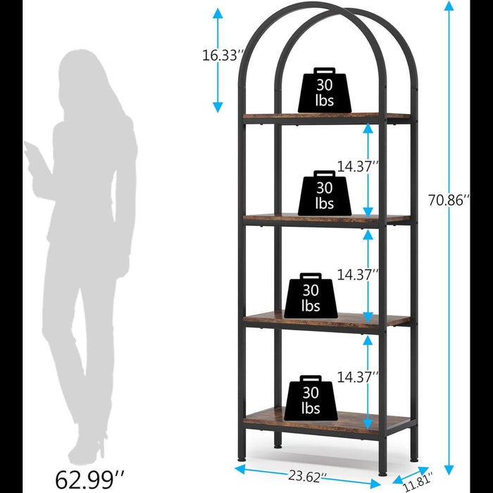 Industrial 4 Tier Open Bookshelf With Curved Top