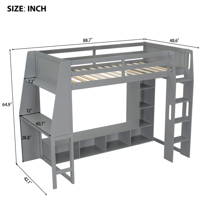 Gaming Loft Bed With Desk, Multi Storage Shelves, LED Lighting, And Hanging Clothes Rack